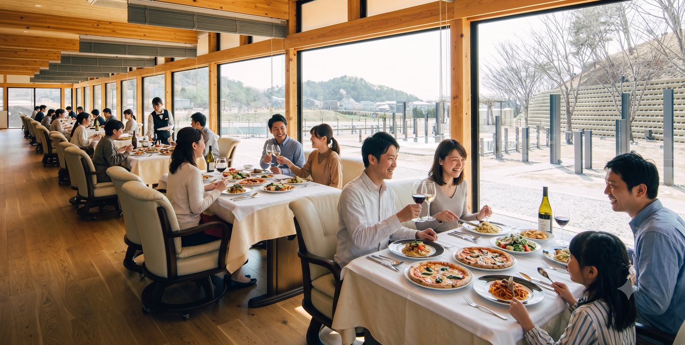 Zona ITALIAの店内、窓の外に山を望みながら食事を楽しむ人たち