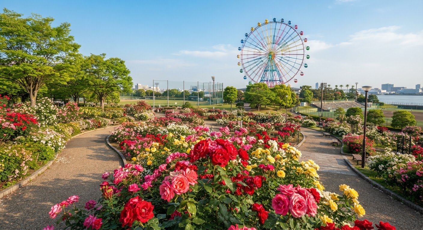 蜂ヶ峯総合公園の観覧車とバラ園