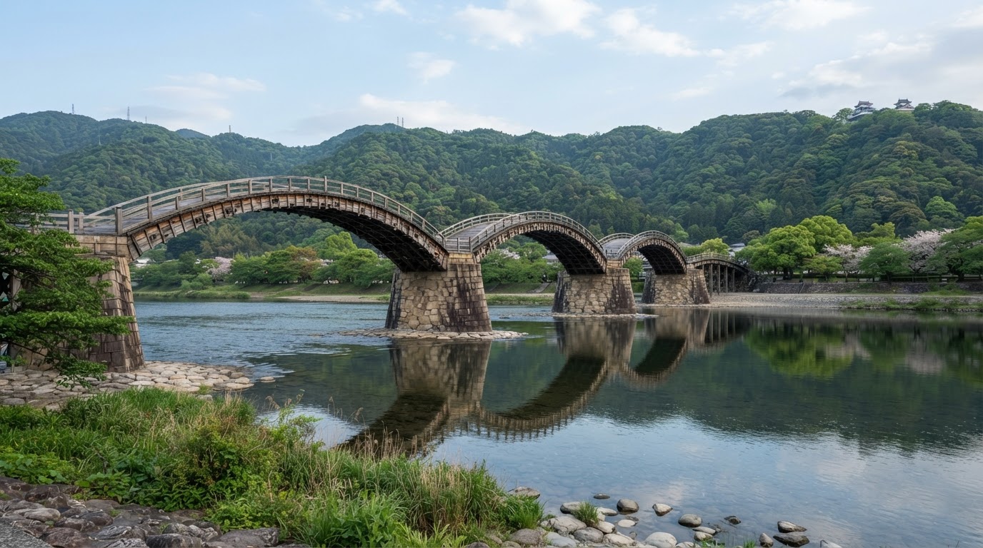 岩国・錦帯橋の五連アーチ全景
